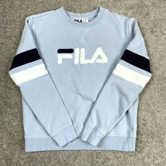 Fila Women’s Small Blue White Crewneck Long Sleeve Athletic-wear Sweatshirt - Picture 1 of 4
